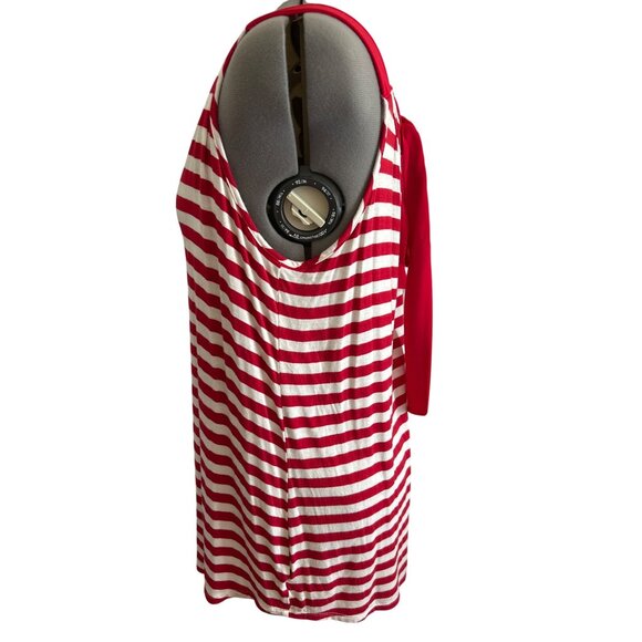 Faith & Joy Red & White L Striped Sleeveless V-Neck Tank Top With Back Bow Tie - Picture 2 of 7